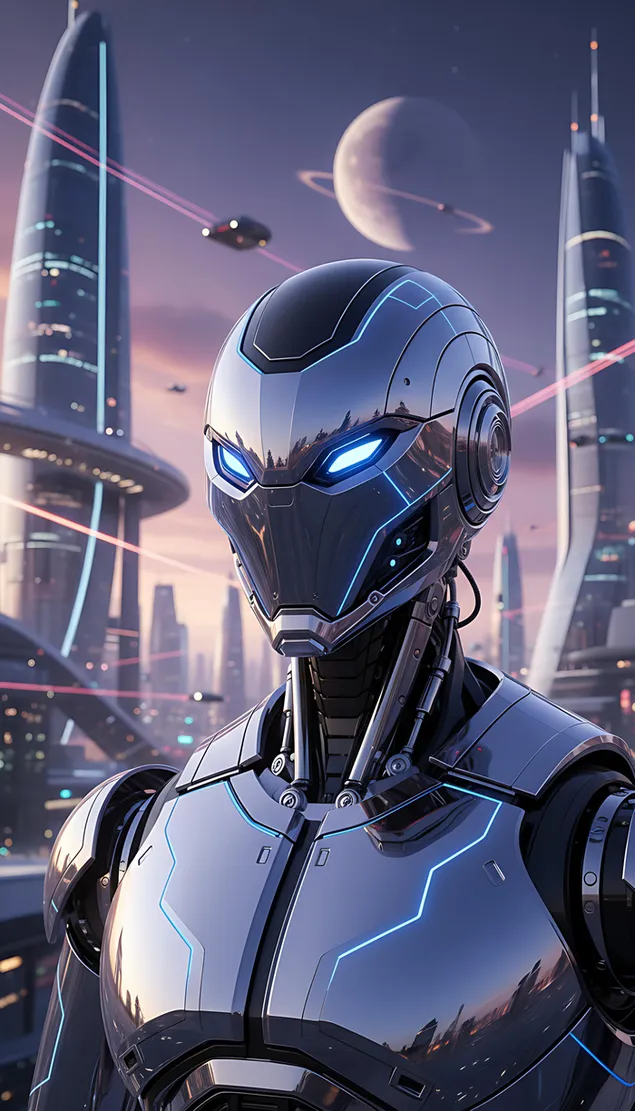 ausserirdischer roboter in einer science-fiction-metropole herunterladen