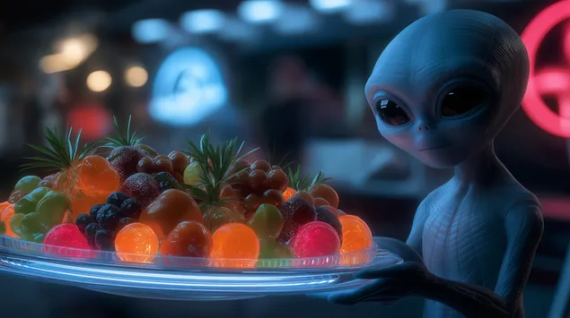 Außerirdischer serviert leuchtende Obstplatte auf Tablett 2K Hintergrundbild