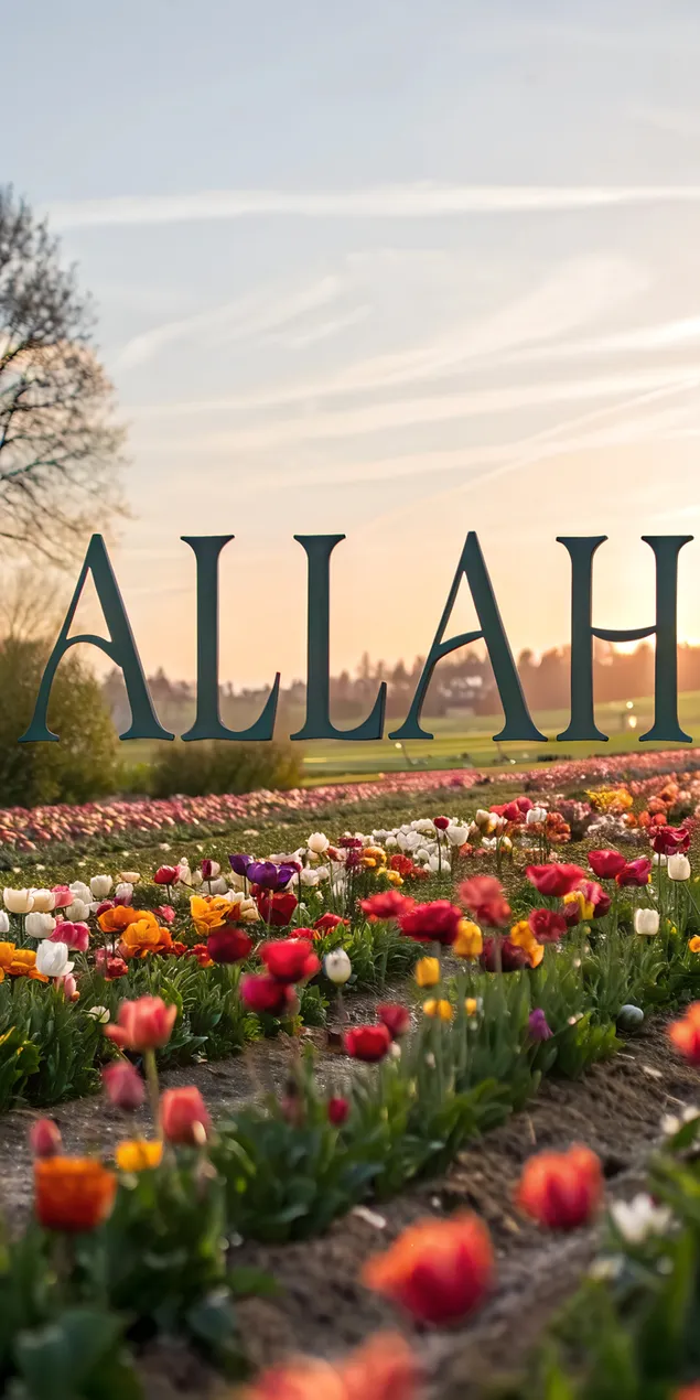 Texte d'Allah dans un élégant champ de fleurs avec une ambiance de coucher de soleil 2K fond d'écran