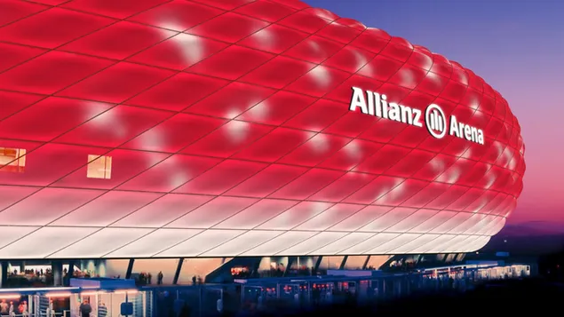 Alman bundesliga ligi futbol kulüplerinden biri olan FC bayern Münih'in kırmızı ve beyaz renkleriyle Allianz arenası 4K duvar kağıdı