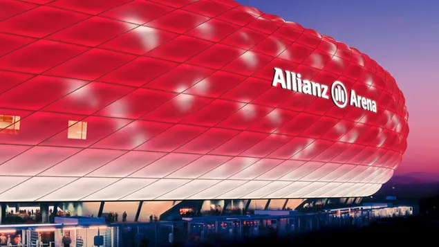 Allianz-Arena in den Farben Rot und Weiß des FC Bayern München, einer der deutschen Bundesliga-Fußballvereine herunterladen