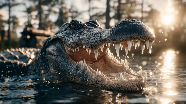 aligator z odprtimi usti v mocvirnem habitatu prenos