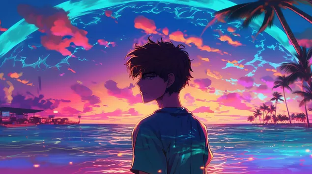 Alleen anime jongen voor prachtige natuur zonsondergang zee download