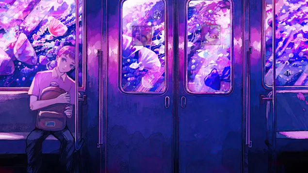 Tapeta Vo vlaku sedí sám anime chlapec 4K