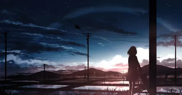 Alone anime girl watch sunset evening 