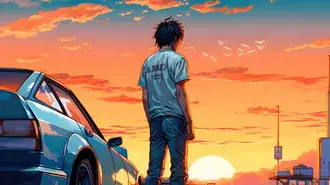 Niño solo durante la puesta de sol junto al coche 4K fondo de pantalla