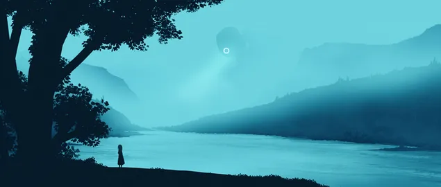 Alene pige nær floden om aftenen 4K baggrundsbillede