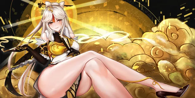 Fata singură Ningguang sta cu picioarele încrucișate | Impactul Ganshin 2K imagine de fundal