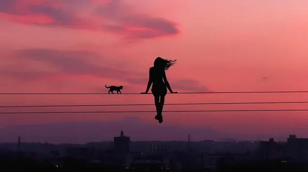 Chica sola sentada en postes de alambre eléctrico con su mascota 4K fondo de pantalla