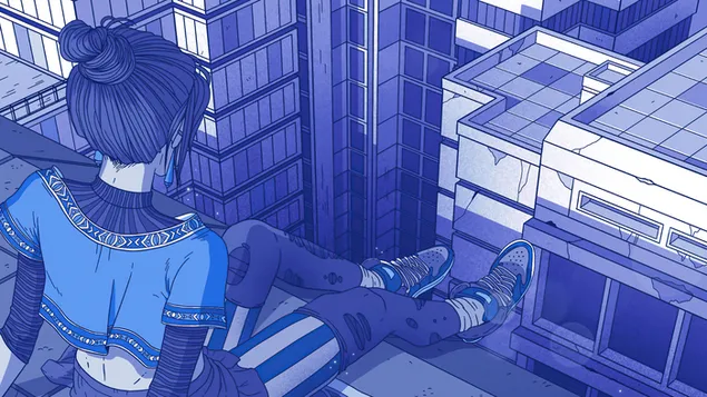 街を上から見つめる一人の女の子 4K 壁紙