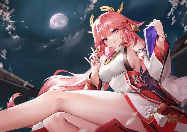 สาวคนเดียว Yae Miko & คืนพระจันทร์ | ผลกระทบกันชิน 2K วอลเปเปอร์