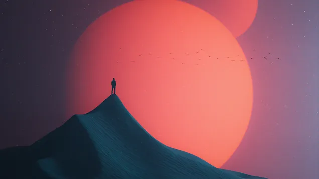 Сам човек, който прави зрителен контакт със слънцето 4K тапет