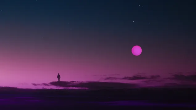 Сам дечко гледа темна вечер и лунарна месечина 4K тапет