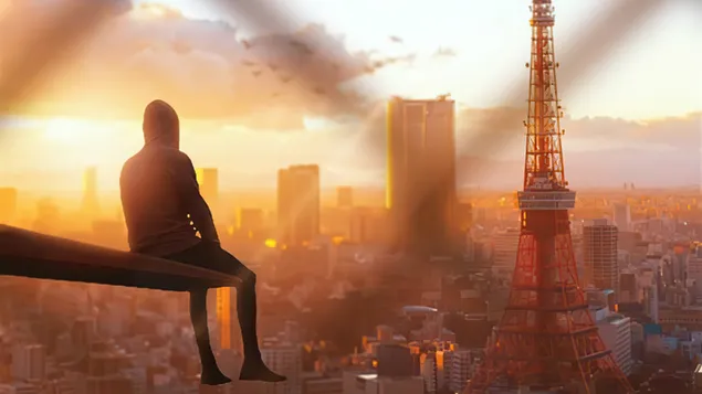 sam chlap, jak shora sleduje zapad slunce nad svym mestem stahnout