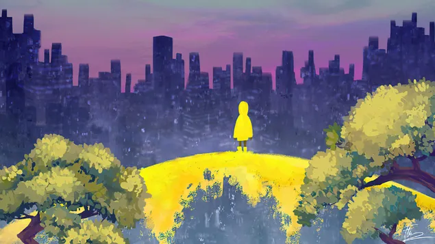 sam maly chlapec sleduje svoje mesto z vrchu stiahnut