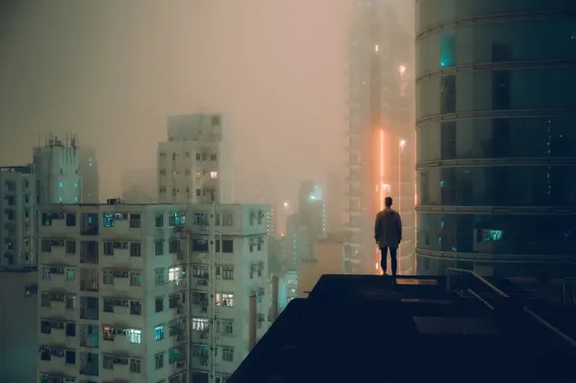 Alleen man bekijkt zijn stadsgebouw vanaf de top 4K achtergrond