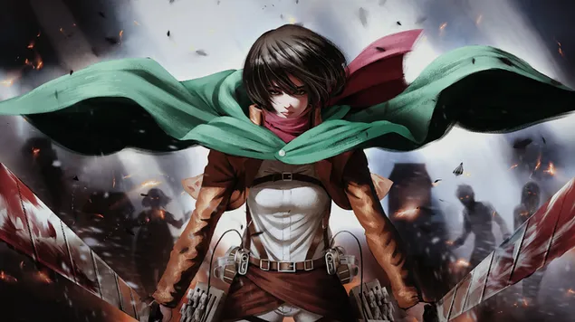 Сам Микаса и Титани зад него 2K тапет