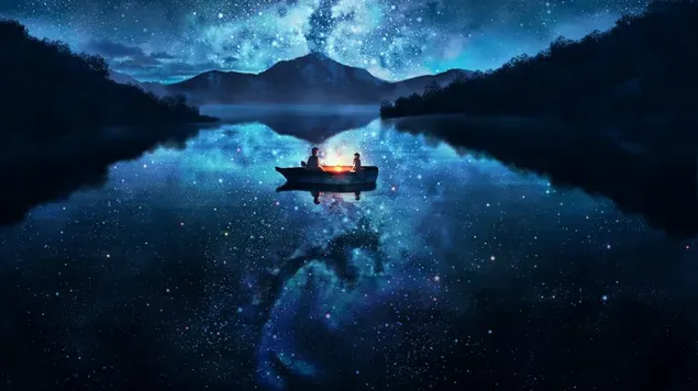 Eleng mat Iech tëscht Starry Lake an ënner dem Bett vun Stars 4K Tapeten