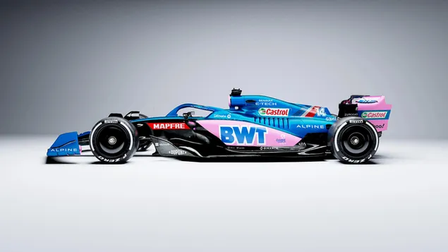 Vista lateral de color blau del cotxe nou Alpine A522 Formula 1 2022 baixada