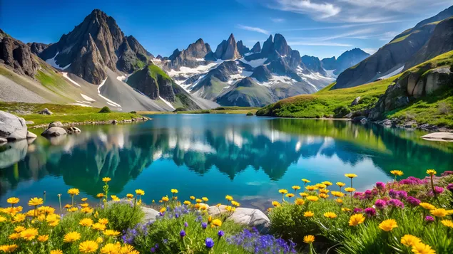 Алпийско езеро, заобиколено от скалисти планински върхове и диви цветя под ярко синьо небе 4K тапет