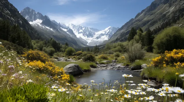 alpiyska polyana s potok, vodeshch k''m zasnezhenata planinska veriga izteglyane