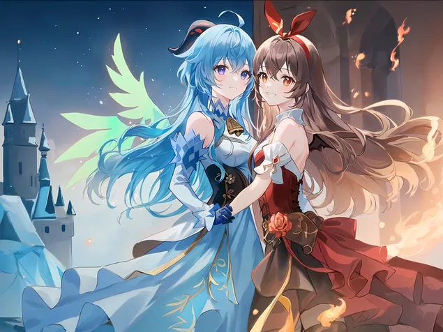 Amber ir Ganyu abu apsikabinę draugai (Ganshin Impact) 4K ekrano užsklanda