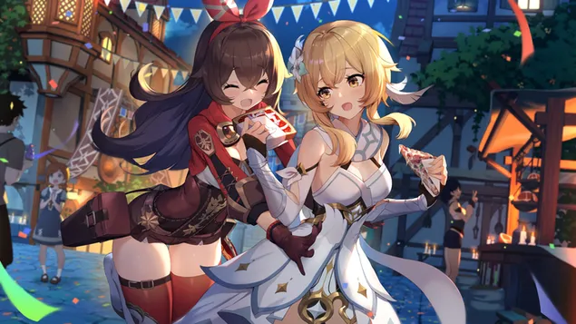 Tapeta Amber & Lumine pizza párty večer | Ganshin dopad HD