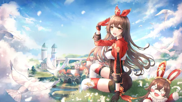 العنبر يشاهد مدينة جينشين من الأعلى | تأثير جينشين 4K خلفية