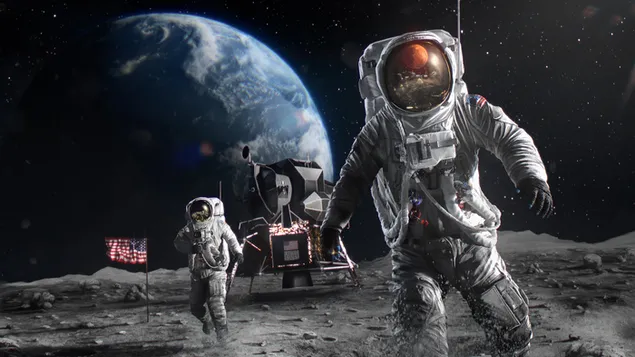 Astronautas americanos caminando sobre la luna 4K fondo de pantalla