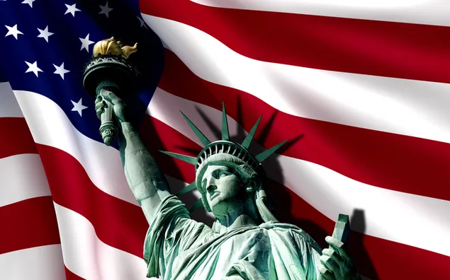 Bandera americana y estatua de la libertad 4K fondo de pantalla
