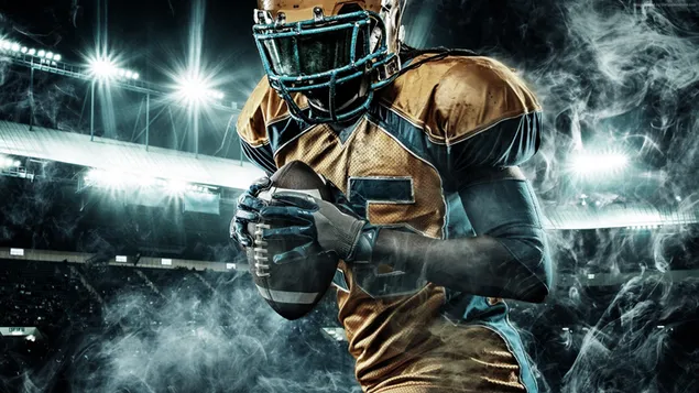 American football-speler in gele trui en helm met shuttlebal 2K achtergrond