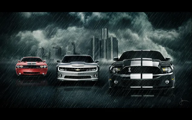 Amerikanische Muscle-Cars im Regen herunterladen