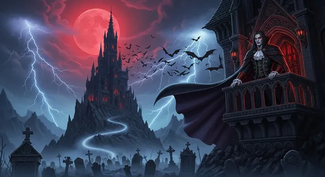 성 발코니에서 본 앰프의 잊혀지지 않는 시선, 붉은 달과 맹렬한 폭풍 2K 배경화면