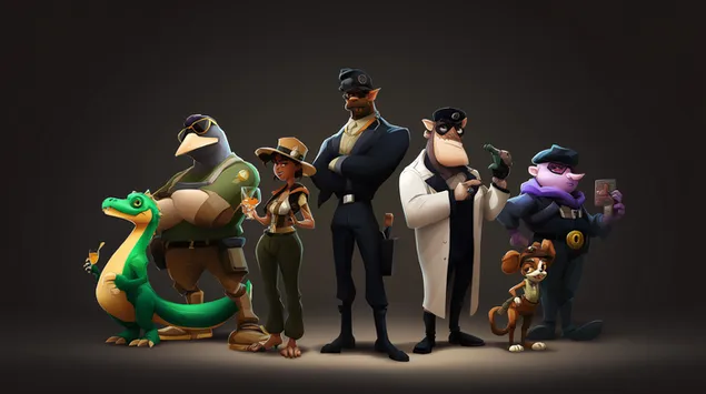 צוות משעשע של דמויות אנימציה בתנוחות יצירתיות 2K טפט