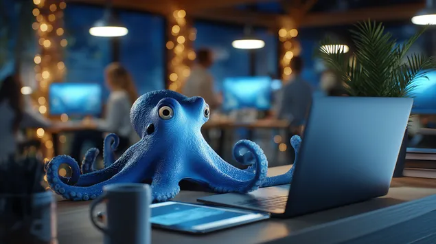 Rolig bläckfisk som övervakar en hektisk kontorsmiljö 2K bakgrund