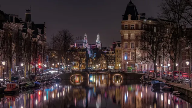 アムステルダム、ヨーロッパ、街の明かり、運河
