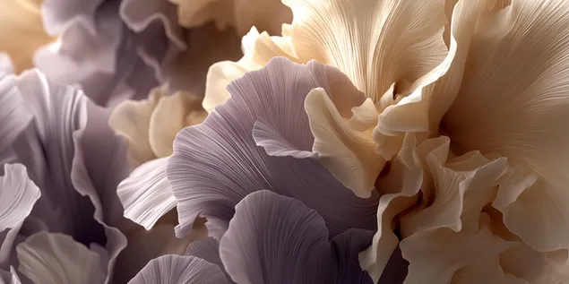 Gambar dekat abstrak kelopak halus berlapis dalam rona lembut krim dan lavender yang diredam 2K kertas dinding