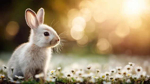 En léift Kanéngchen an engem sonnege Feld vu Margréitchen 2K Tapeten