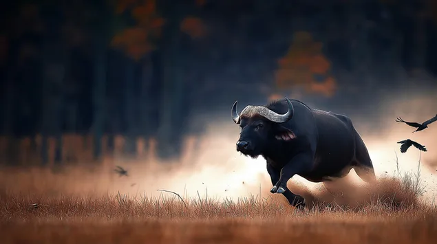 um bufalo-cabo agressivo avancando por uma planicie gramada download