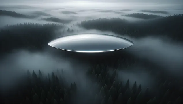 Et fremmed rumskib over en skov dækket af tåge 2K baggrundsbillede