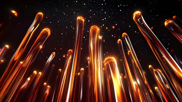 Уметнички аранжман на блескави стаклени прачки во апстрактни форми наспроти ѕвездена црна позадина 4K тапет