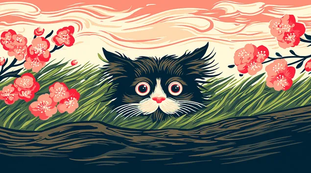 Hình nền Một hình minh họa nghệ thuật có hình một chú mèo đen trắng với đôi mắt mở to đang nhìn ra từ bãi cỏ xanh tươi 2K