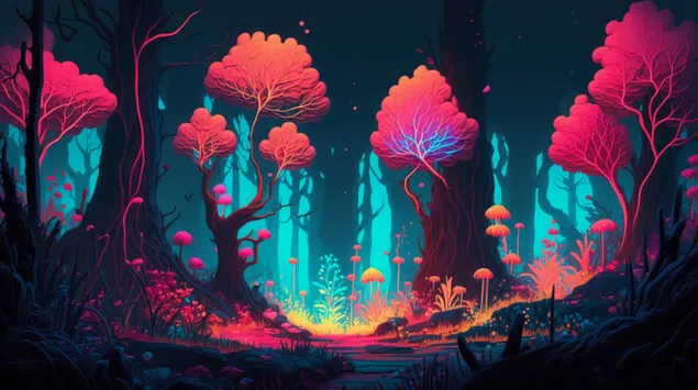 Očaravajuće istraživanje kroz neonsko osvijetljenu šumu apstraktnih stabala u sjaju 8K pozadina