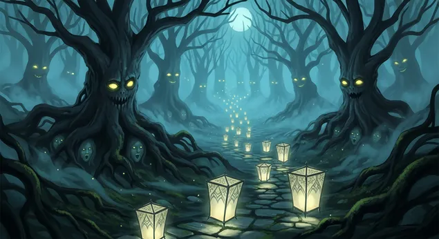 Een betoverende Halloween-reis: een griezelig bospad verlicht door lantaarns en bewaakt door afschuwelijke bomen onder een volle maan 2K achtergrond