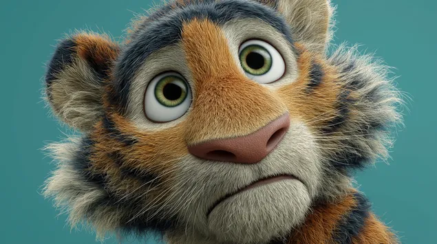 הדמיה תלת-ממדית מקסימה של גור טיגריס רך וחמוד עם עיניים גדולות, מעוצב בסגנון פיקסאר מקסים. 2K טפט