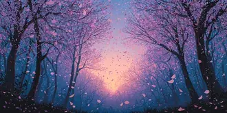 una scena di foresta eterea con alberi adornati da un fogliame rosa vibrante e petali che cadono scarica