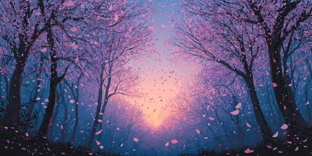 Eterična šumska scena sa drvećem ukrašenim jarkim ružičastim lišćem i opadajućim laticama 2K pozadina