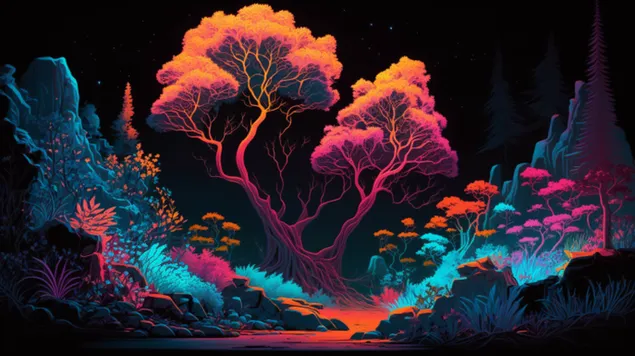 یک ادیسه اثیری از طریق جنگلی درخشان غرق در نور نئون در منظره ای عرفانی کاغذدیواری  8K