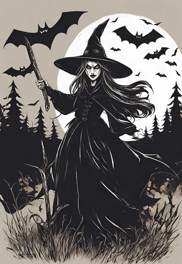 Eine böse Hexe mitten in der Wildnis und unter einem gruseligen Mond, umgeben von Fledermäusen 2K Hintergrundbild