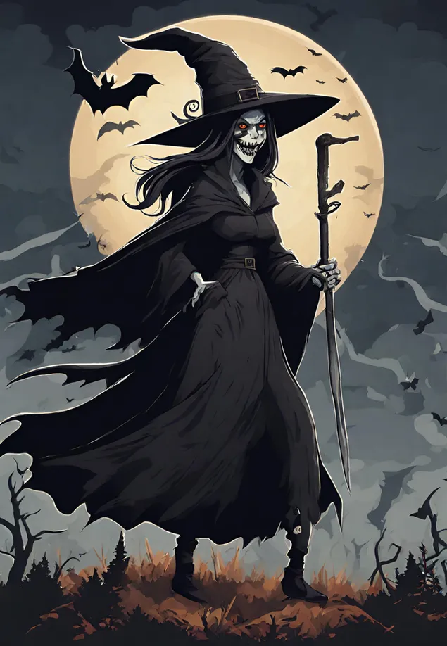 Eine böse Hexe mit einem langen schwarzen Hut mitten in der Wildnis und unter einem gruseligen Mond, umgeben von Fledermäusen 2K Hintergrundbild